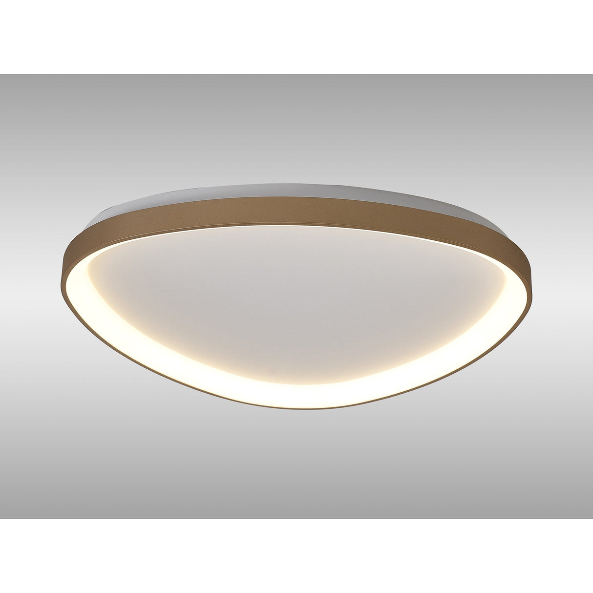 Mantra Niseko triangular flush ceiling light with curved gold metal frame and integrated LED diffuser, shown against a light grey background.