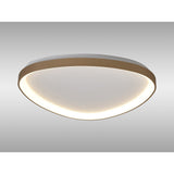 Mantra Niseko triangular flush ceiling light with curved gold metal frame and integrated LED diffuser, shown against a light grey background.