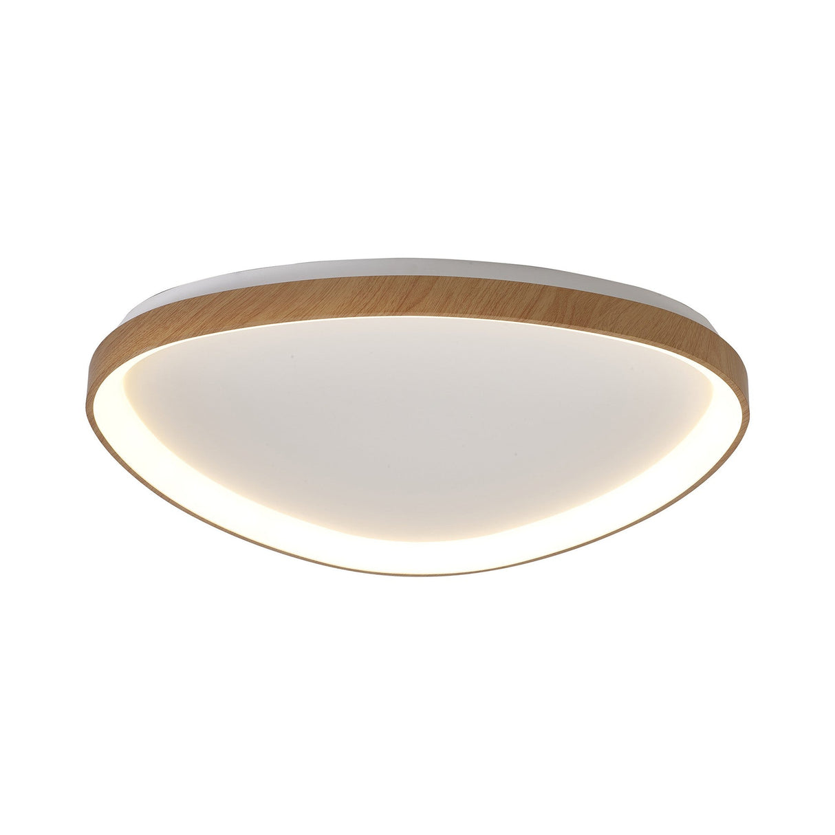 Mantra Niseko triangular LED flush ceiling light with rounded corners, light brown wood-effect frame and white centre diffuser, on a plain background.