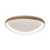 Mantra Niseko triangular LED flush ceiling light with rounded corners, light brown wood-effect frame and white centre diffuser, on a plain background.