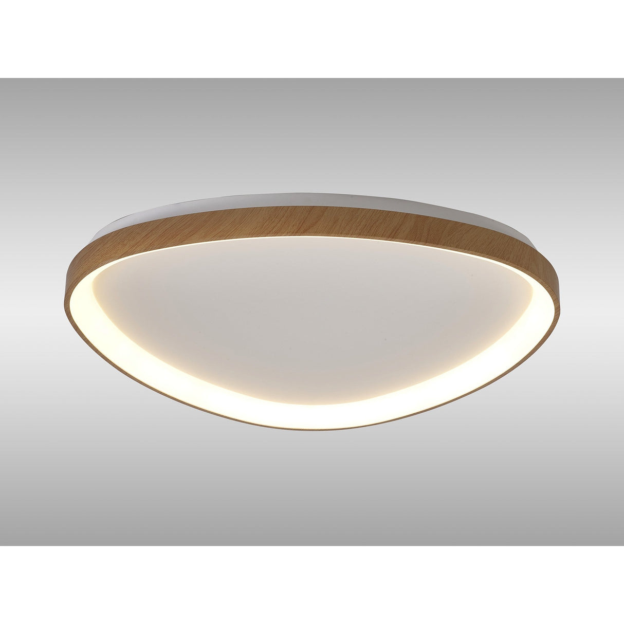 Mantra Niseko triangular LED flush ceiling light with softly rounded corners and a light brown wood-effect frame, shown against a plain background.