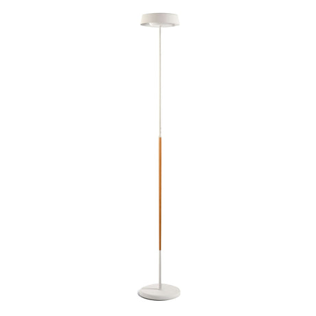 The Noa II Touch Dimmer LED Floor Lamp 9W 3000K in Matt White & Beech features a Scandinavian-inspired slim white pole, wood accent, and flat circular shade—uniting modern design with functional touch dimming.