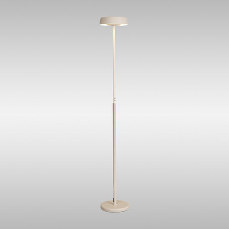 The Noa II Touch Dimmer LED Floor Lamp 15W 3000K in white features a slim, minimalist design with a round base and flat circular shade, offering soft adjustable light—all set against a plain, light grey background.