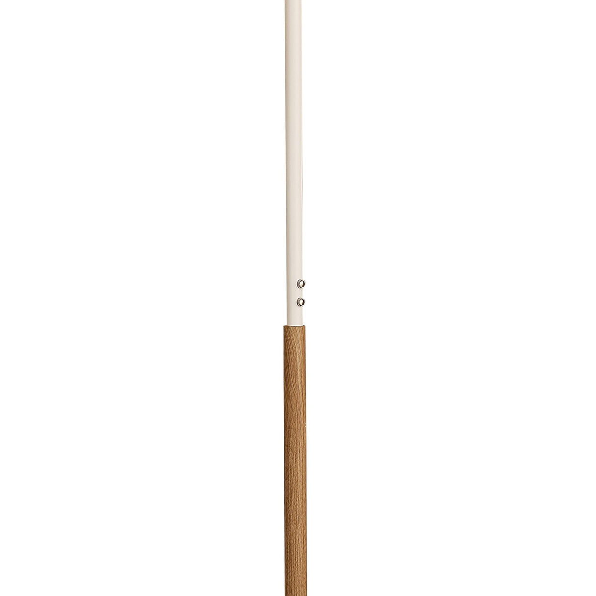 A close-up of the Noa II Touch Dimmer LED Floor Lamp 15W 3000K in White & Beech, highlighting its white upper and beech lower sections joined by two screws—its minimalist design is inspired by Scandinavian lighting.