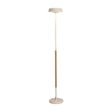 The Noa II Touch Dimmer LED Floor Lamp 15W 3000K in White & Beech features a slim white pole, round flat shade, and wooden mid-accent on a round base, showcasing Scandinavian style against a white background.