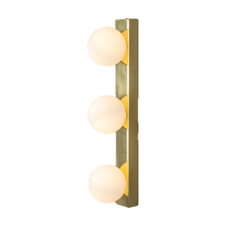 Noelani Triple Glass Globe Wall Light IP44 in brass finish with three frosted glass globes stacked on a slim vertical bar, shown on a plain white background.