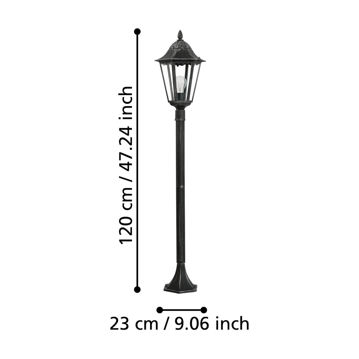 Nolmane outdoor floor lamp, Victorian-style black and silver patina aluminium post with hexagonal glass lantern head, shown with 120cm height and 23cm diameter dimensions on a white background.