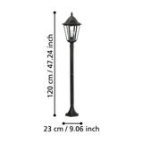 Nolmane outdoor floor lamp, Victorian-style black and silver patina aluminium post with hexagonal glass lantern head, shown with 120cm height and 23cm diameter dimensions on a white background.
