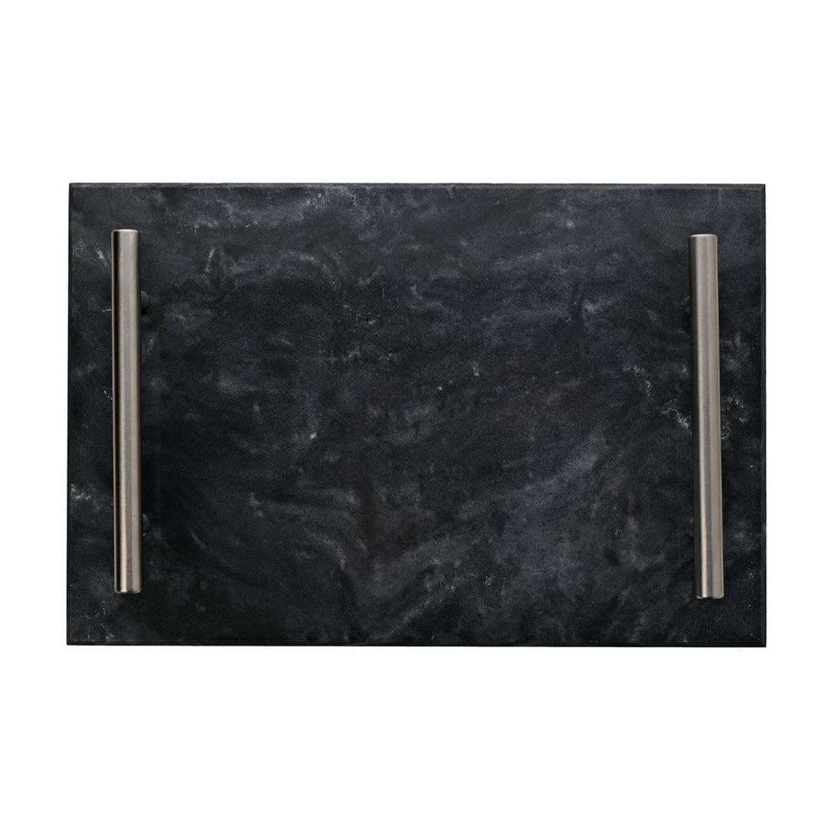 Rectangular Veined Marble Tray with Metal Handles - Black