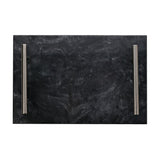 Rectangular Veined Marble Tray with Metal Handles - Black