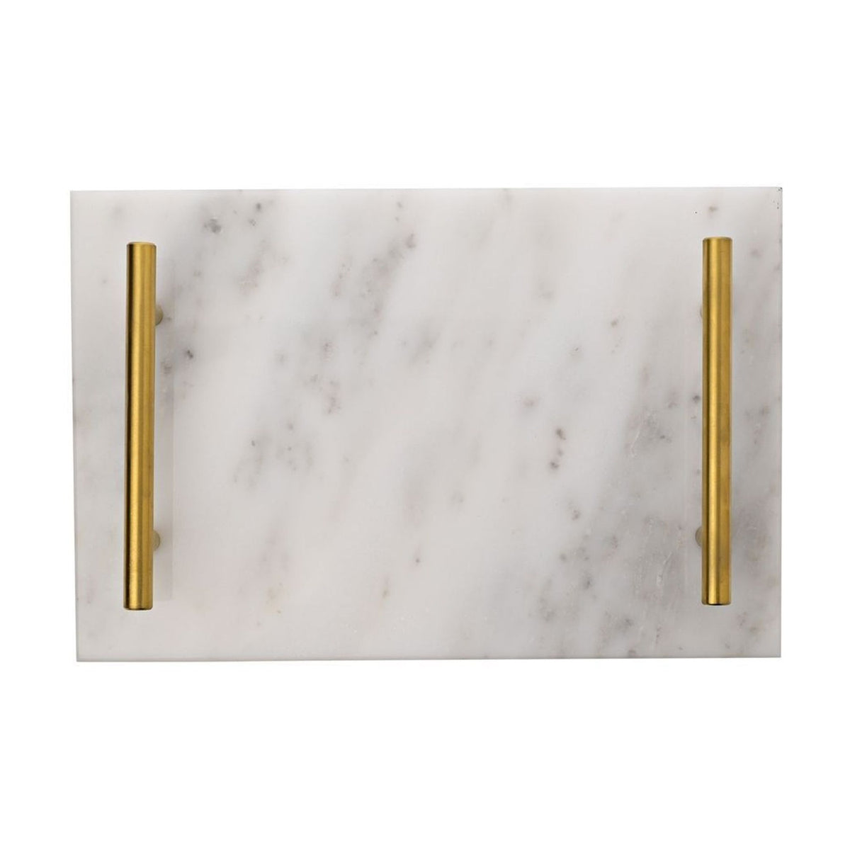 Rectangular white marble tray with soft grey veining and slim gold-coloured metal bar handles along each short end, shown on a plain white background.