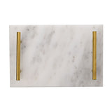 Rectangular white marble tray with soft grey veining and slim gold-coloured metal bar handles along each short end, shown on a plain white background.