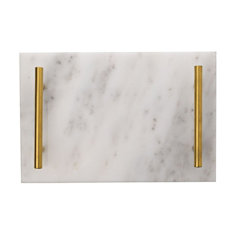Rectangular white marble tray with soft grey veining and slim gold-coloured metal bar handles along each short end, shown on a plain white background.