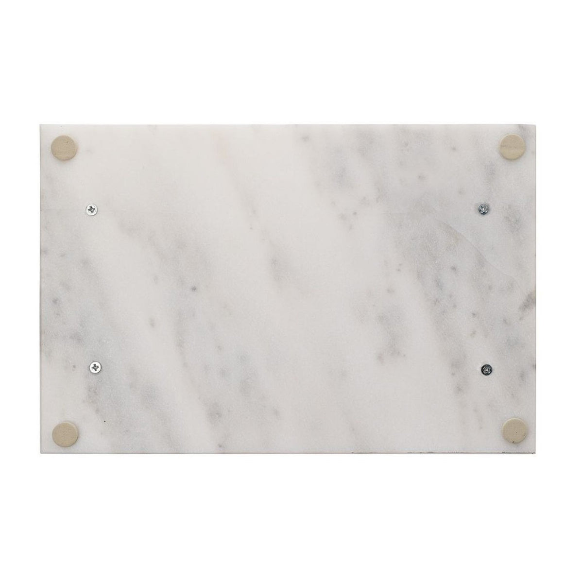 Rectangular white marble tray with soft grey veining, shown underside up with visible gold-coloured metal corner fittings and screws, on a plain white background.
