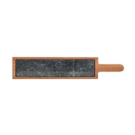 Rectangular serving board with black marble inset bordered by brown acacia wood, extending into a short paddle-style handle, shown on a plain white background.