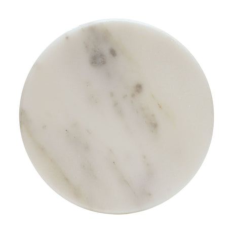 Round white marble coaster with soft grey veining and a smooth finish, shown from above on a plain white background.