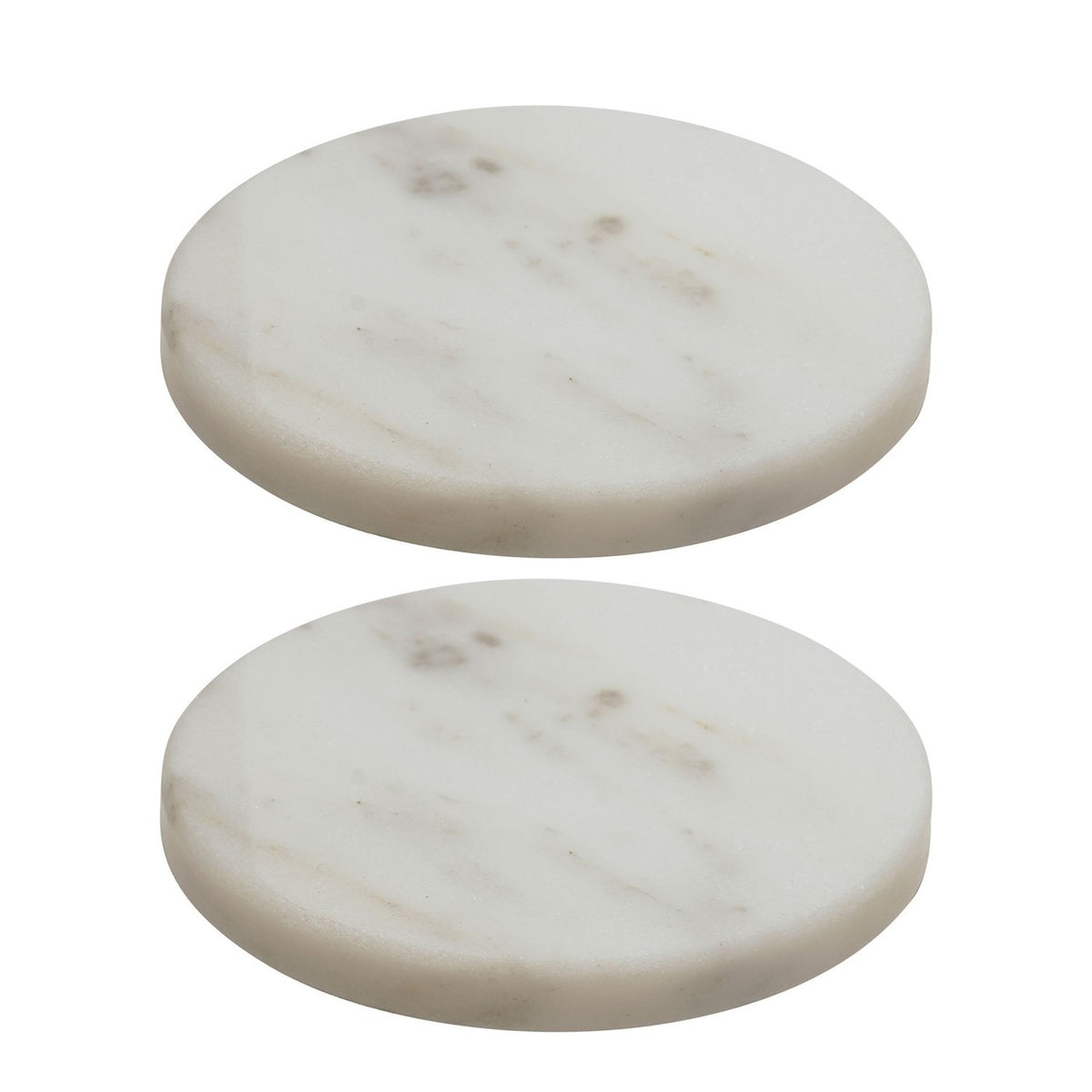Set of 2 Round Veined Marble Coasters with Base Pads - White