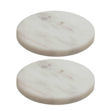 Set of 2 round white marble coasters with grey and beige veining, smooth polished finish, shown on a plain white background.