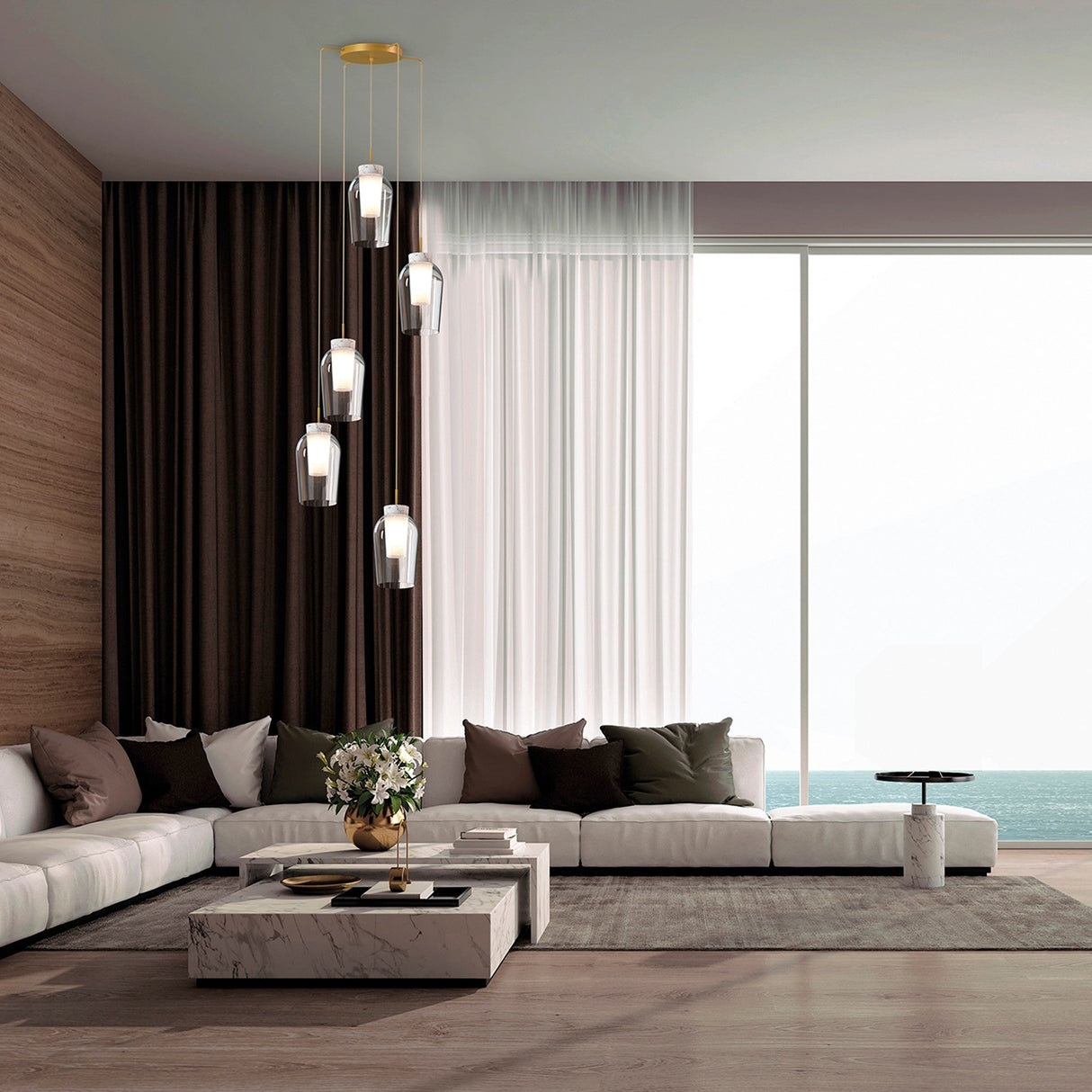 Nora 5 Light Frosted Glass Cluster Pendant Light - Gold & White