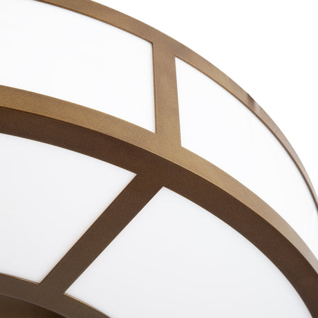 Close-up of the Norman Drum LED flush ceiling light, showing a bronze-finish metal frame dividing white acrylic panels on a round drum fixture, set against a plain white background.