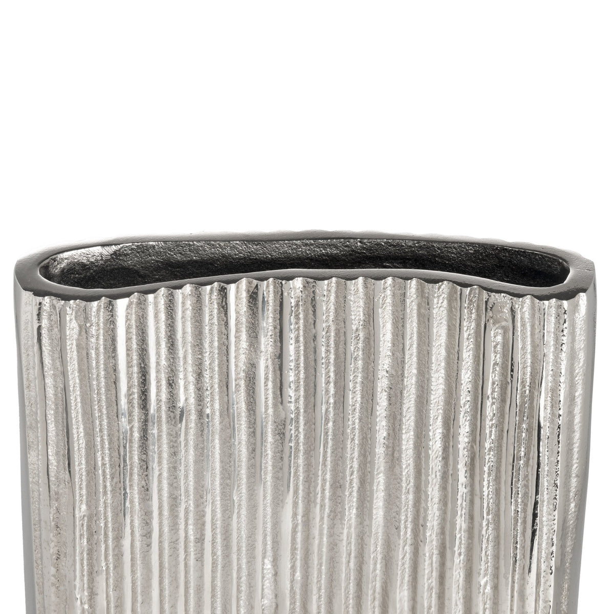 Close-up of the Nosimaro Vase 22cm in nickel, showing its aluminium body with vertical ribbed texture and a wavy-edged opening in darker metal tone, against a plain white background.