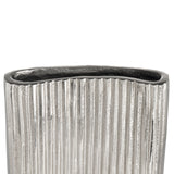 Close-up of the Nosimaro Vase 22cm in nickel, showing its aluminium body with vertical ribbed texture and a wavy-edged opening in darker metal tone, against a plain white background.