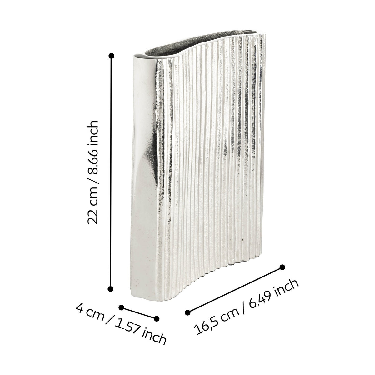Nosimaro Vase 22cm in nickel-finish aluminium, a slim flat vase with ribbed front, smooth polished edges and a wavy top opening, shown with dimension labels on a white background.