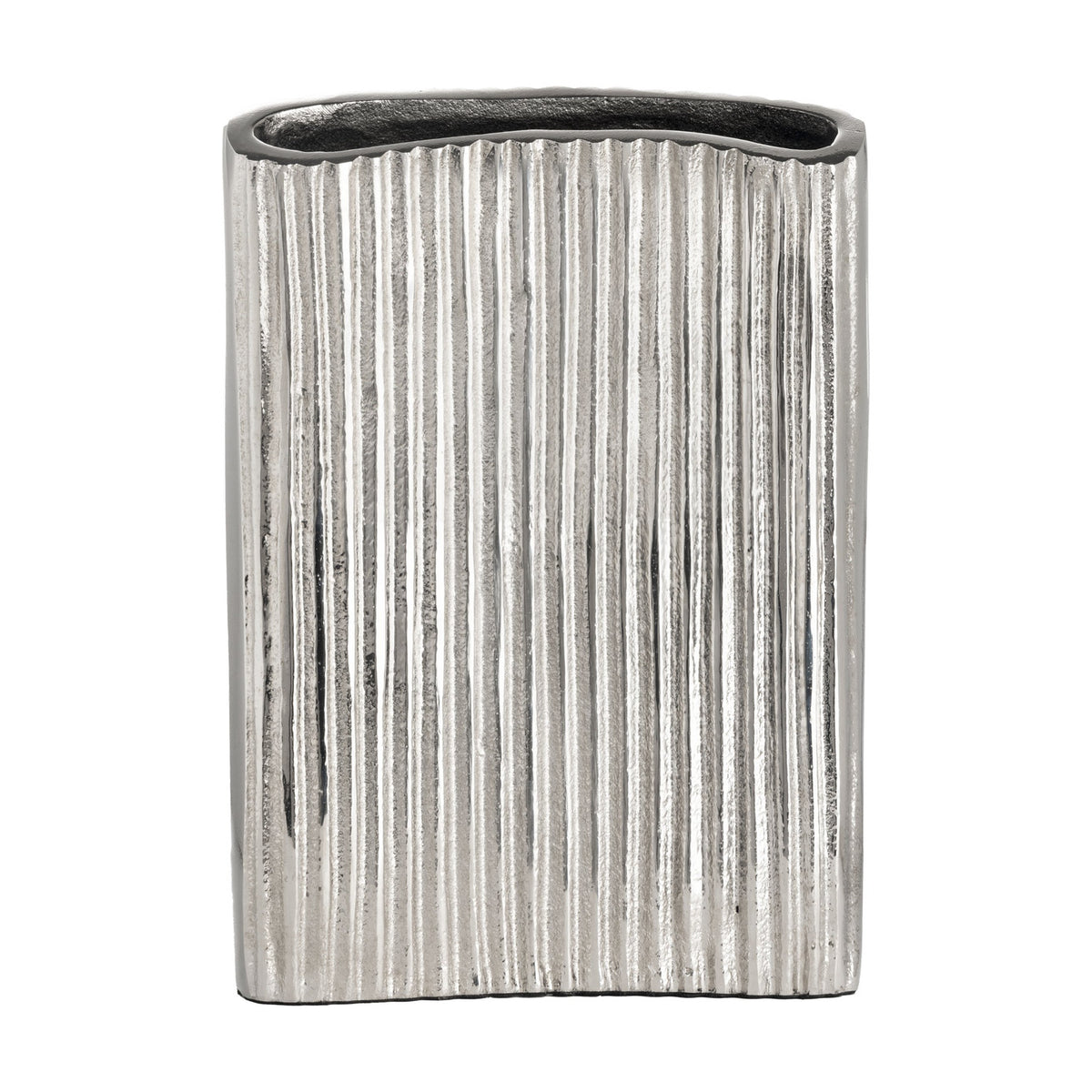 Nosimaro Vase 22cm in nickel-finish aluminium, flat rectangular shape with close vertical ribbed texture, wavy narrow opening and dark interior tone, shown against a plain white background.
