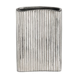 Nosimaro Vase 22cm in nickel-finish aluminium, flat rectangular shape with close vertical ribbed texture, wavy narrow opening and dark interior tone, shown against a plain white background.