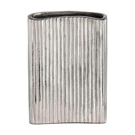 Nosimaro Vase 22cm in nickel-finish aluminium, flat rectangular shape with close vertical ribbed texture, wavy narrow opening and dark interior tone, shown against a plain white background.