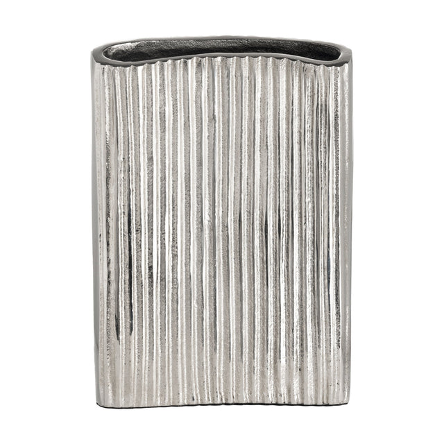 Nosimaro Vase 22cm in nickel-finish aluminium, flat rectangular shape with close vertical ribbed texture, wavy narrow opening and dark interior tone, shown against a plain white background.