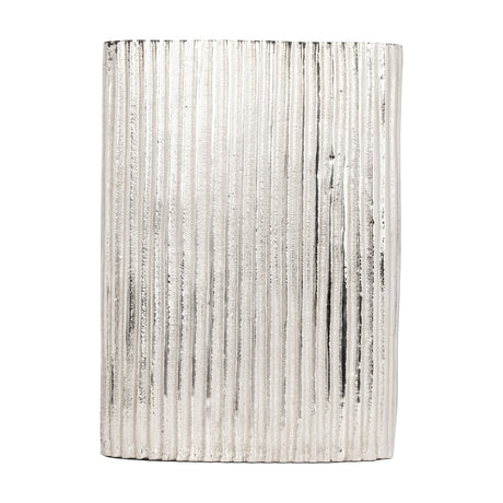 Nosimaro Vase 30cm in nickel-finish aluminium, slim oval shape with close vertical ribs, textured surface, and a gently waving rim, shown on a plain white background.