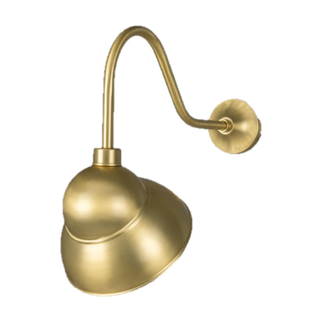 Novo Brass Outdoor Sign Light with a tiered domed shade on a swan-neck arm and round wall mount, finished in brass, shown on a plain white background.