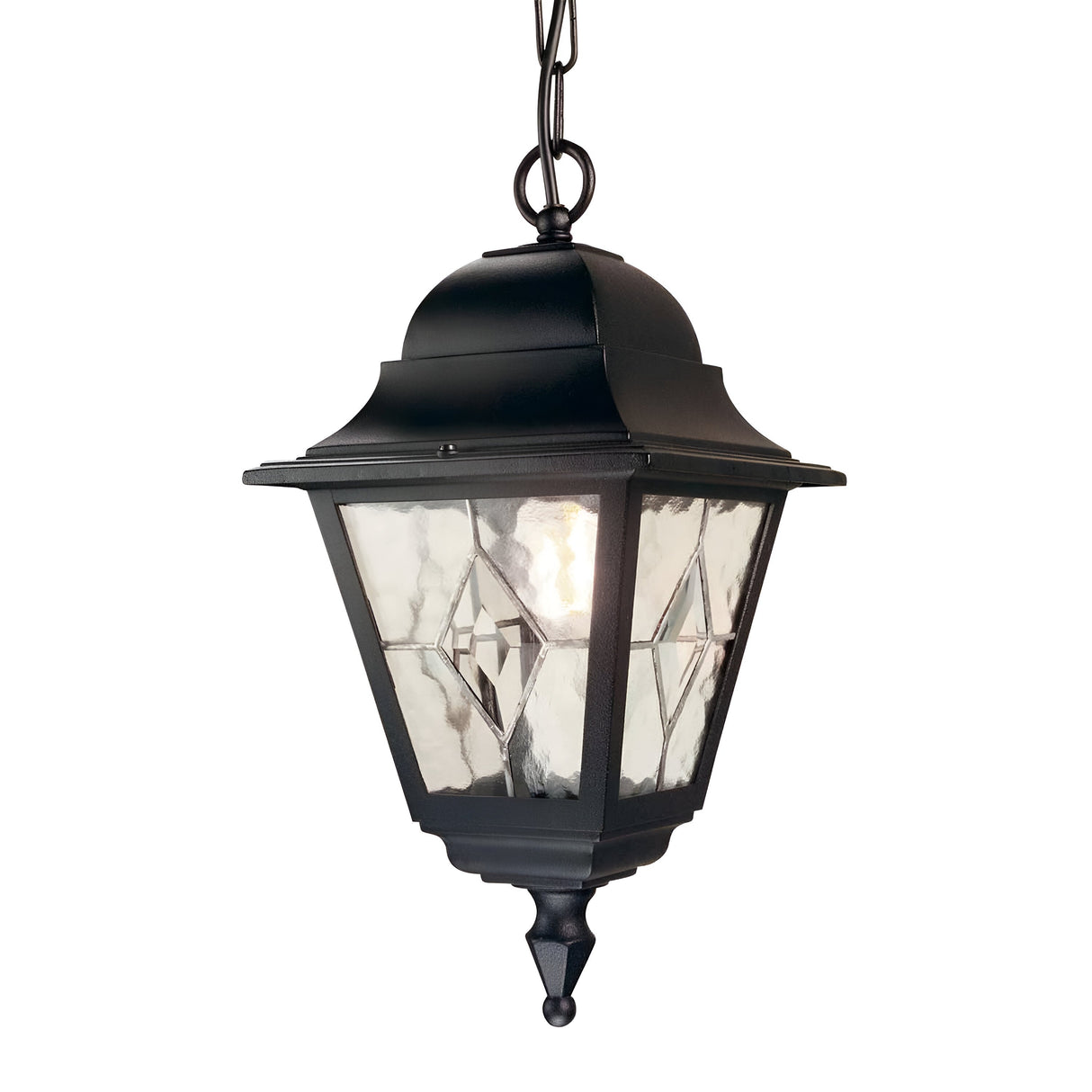 The Norfolk 1 Light Outdoor Chain Pendant in black features hand-leaded glass with a decorative design, boasting a classic hexagonal shape. It is elegantly suspended from a chain and includes a pointed finial at the bottom.