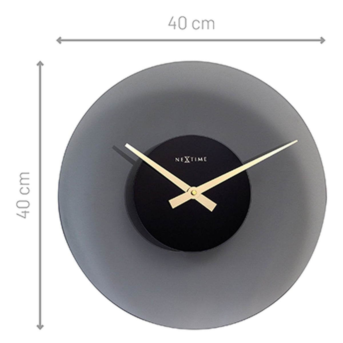 Float Round Silent Wall Clock, 40cm frosted grey glass disc with recessed black centre dial and gold-tone hands, shown with dimension arrows on a white background.