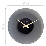 Float Round Silent Wall Clock, 40cm frosted grey glass disc with recessed black centre dial and gold-tone hands, shown with dimension arrows on a white background.