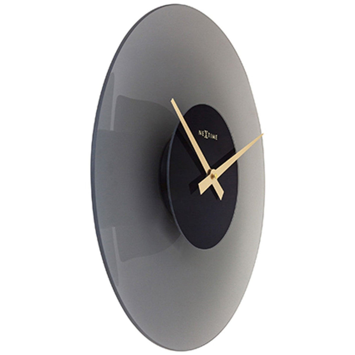 Float Round Silent Frosted Glass Wall Clock 40cm in grey, shown at an angle revealing its curved glass disc, black centre dial, and gold hands, on a white background.