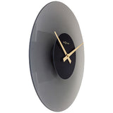 Float Round Silent Frosted Glass Wall Clock 40cm in grey, shown at an angle revealing its curved glass disc, black centre dial, and gold hands, on a white background.
