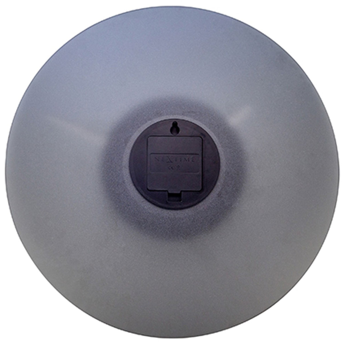 Rear view of the Float Round Silent Frosted Glass Wall Clock 40cm in grey, showing the curved glass disc and black battery housing mechanism.