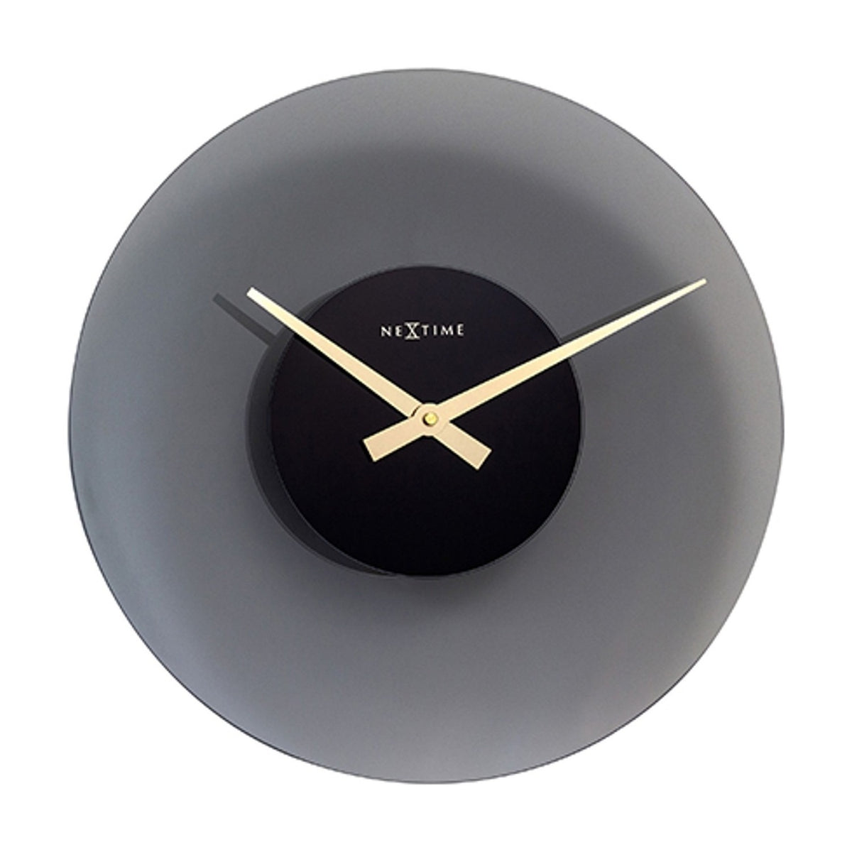 Float Round Silent Frosted Glass Wall Clock, 40cm, with a grey curved glass disc, black centre dial, and gold-coloured hands, shown on a plain white background.
