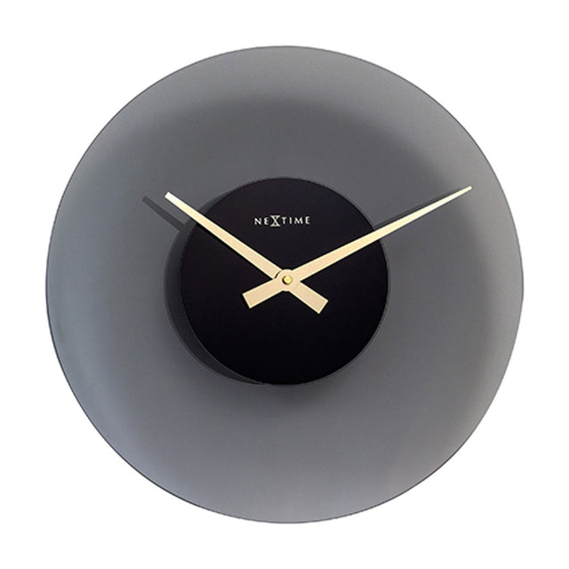 Float Round Silent Frosted Glass Wall Clock, 40cm, with a grey curved glass disc, black centre dial, and gold-coloured hands, shown on a plain white background.