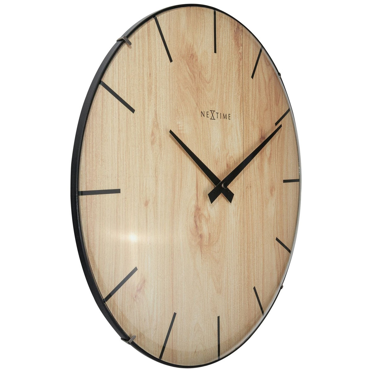 Round wall clock, 35cm, with brown wood-grain dial, domed glass front, black baton markers, black hands, and slim black rim, shown at an angle on a white background.