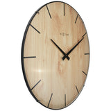 Round wall clock, 35cm, with brown wood-grain dial, domed glass front, black baton markers, black hands, and slim black rim, shown at an angle on a white background.