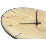 Close-up of the Round Edge Wood Grain Dome Glass Wall Clock, 35cm, showing its brown wood-grain dial, black baton markers, black hands, domed glass front, and fine black rim.