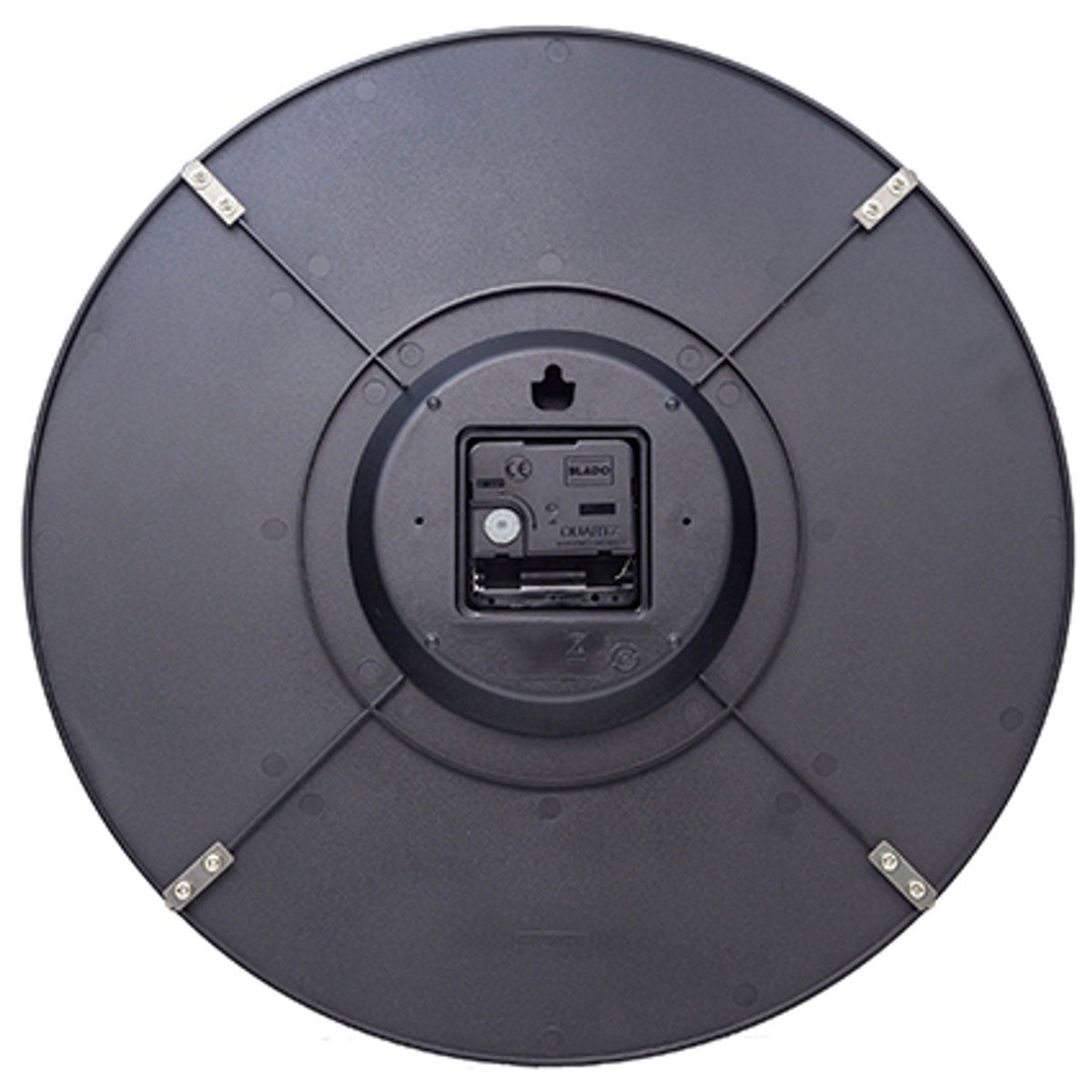 Rear view of the 35cm round wall clock in brown, showing the black plastic back casing, quartz movement, battery compartment, and four metal mounting brackets on a white background.