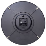 Rear view of the 35cm round wall clock in brown, showing the black plastic back casing, quartz movement, battery compartment, and four metal mounting brackets on a white background.