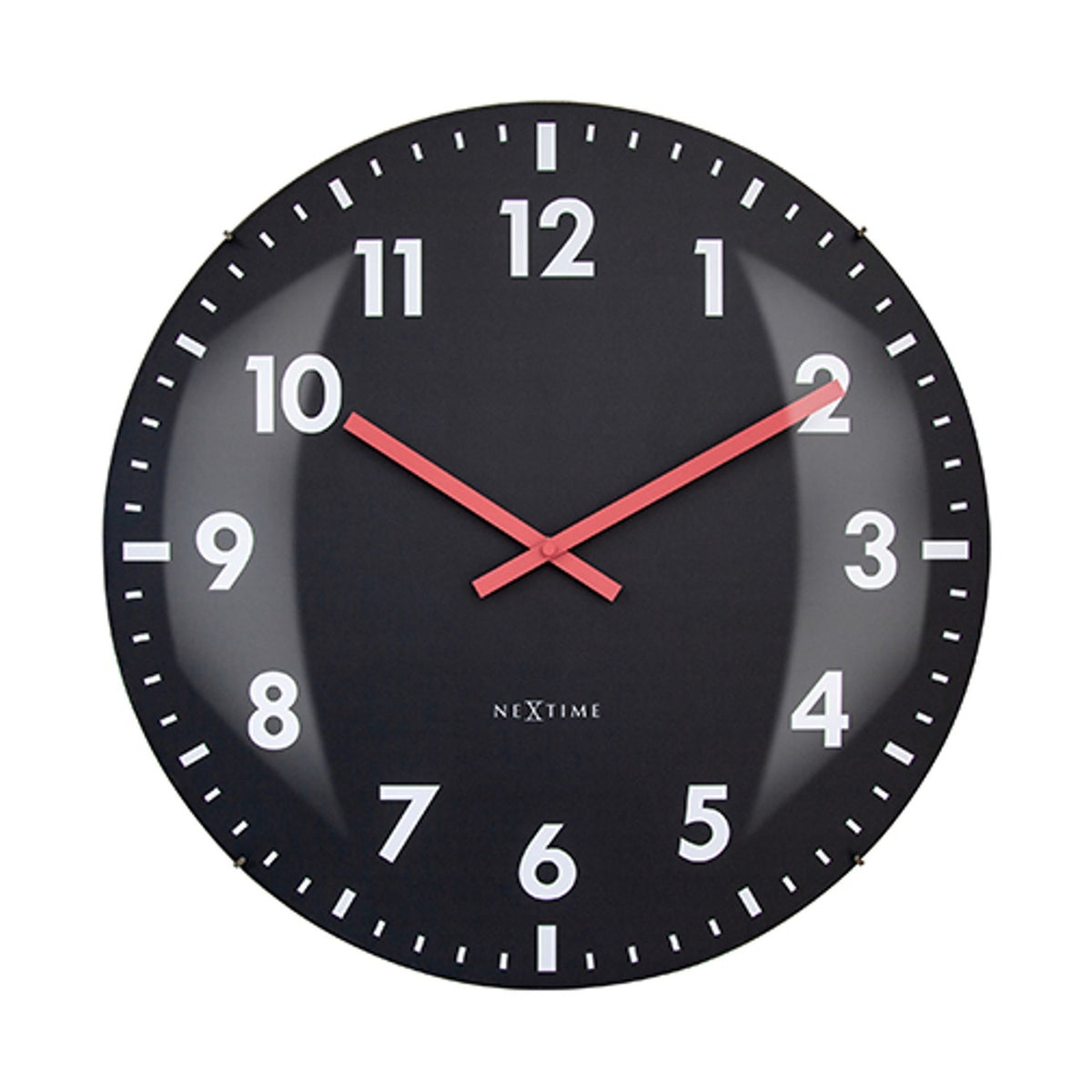 Duomo round wall clock with domed glass front, black face, white numerals, and red hands, 50cm, shown on a plain white background.