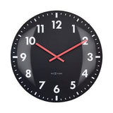 Duomo round wall clock with domed glass front, black face, white numerals, and red hands, 50cm, shown on a plain white background.