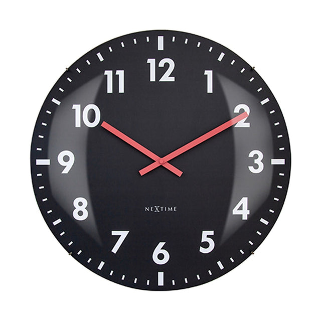 Duomo round wall clock with domed glass front, black face, white numerals, and red hands, 50cm, shown on a plain white background.