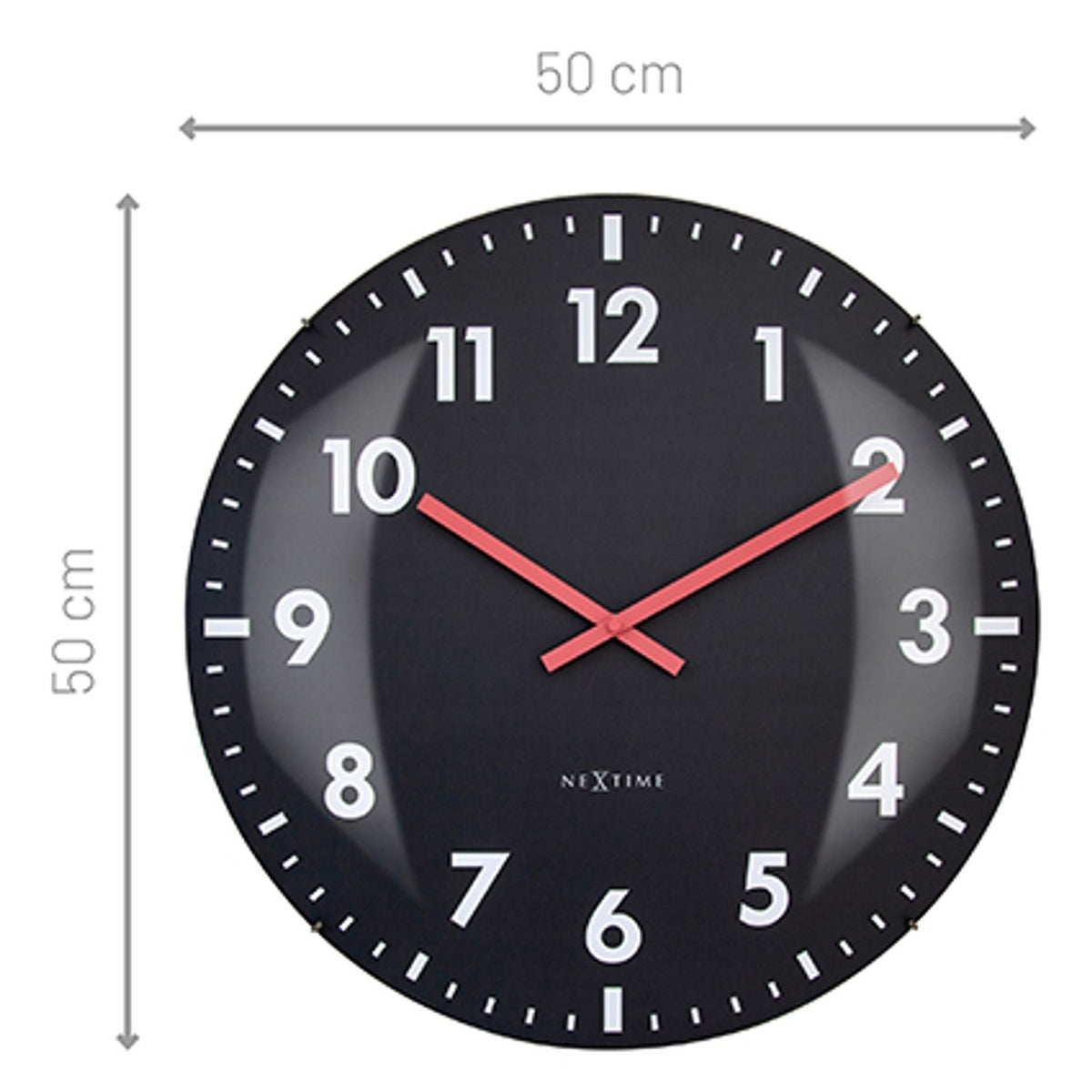 Round Duomo wall clock, 50cm, with domed glass front, black face, white Arabic numerals and red hands, shown with size dimensions on a white background.